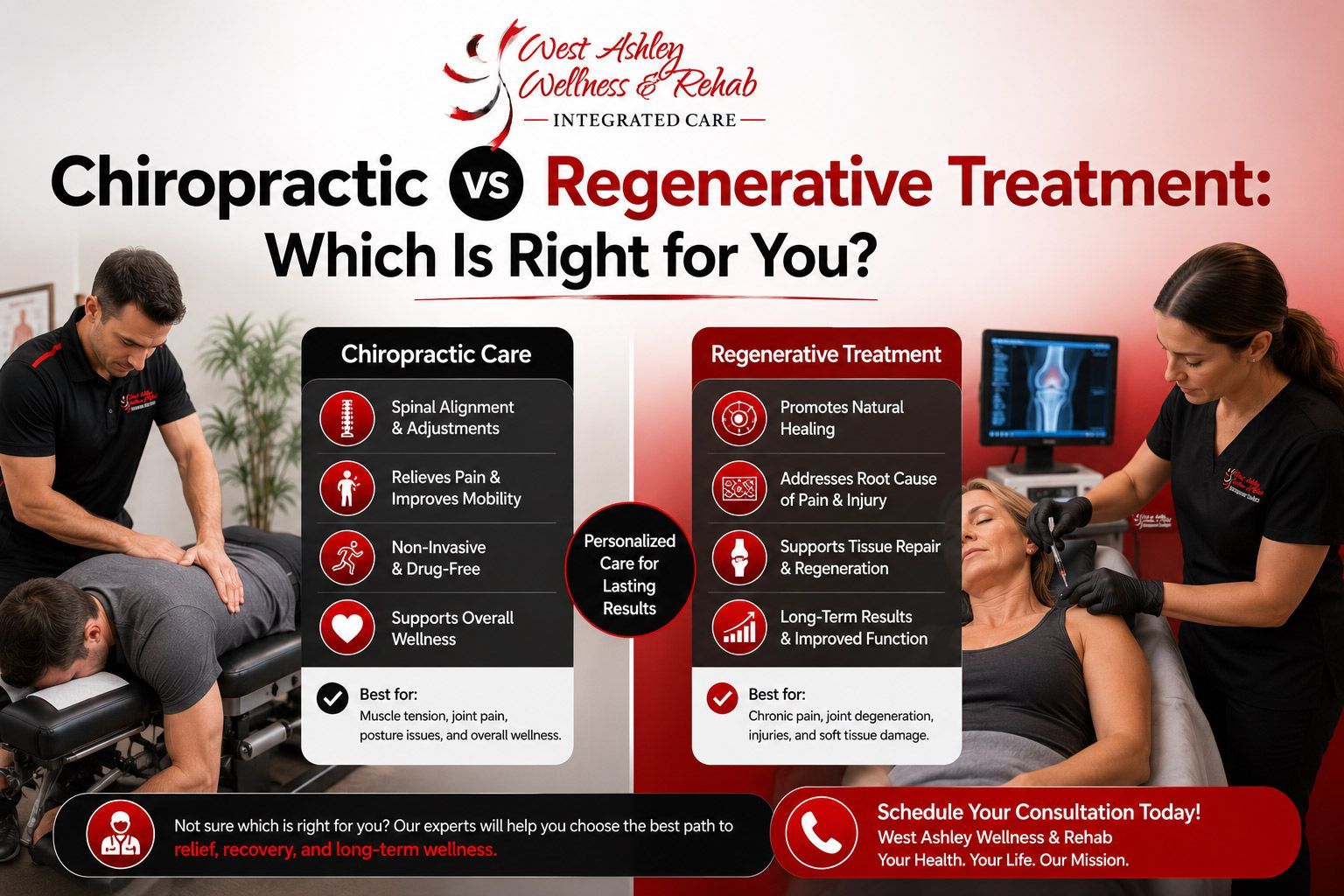 Chiropractic vs regenerative treatment comparison poster with clinic staff, patients, and treatment details on black/red panels