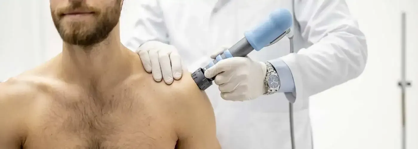 A doctor is examining a man 's shoulder with a machine.