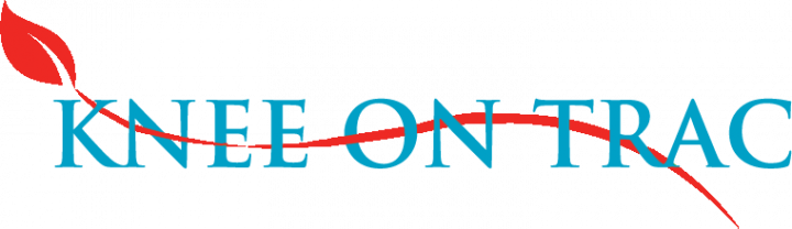 A logo for knee on trac with a red arrow