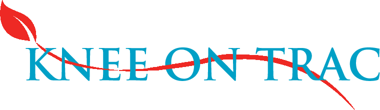 A logo for knee on trac with a red leaf in the middle