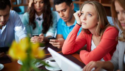 A group of people are sitting at a table looking at their phones.