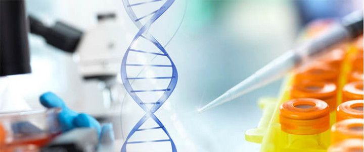 A microscope , pipette , test tubes and a dna strand are in a laboratory.