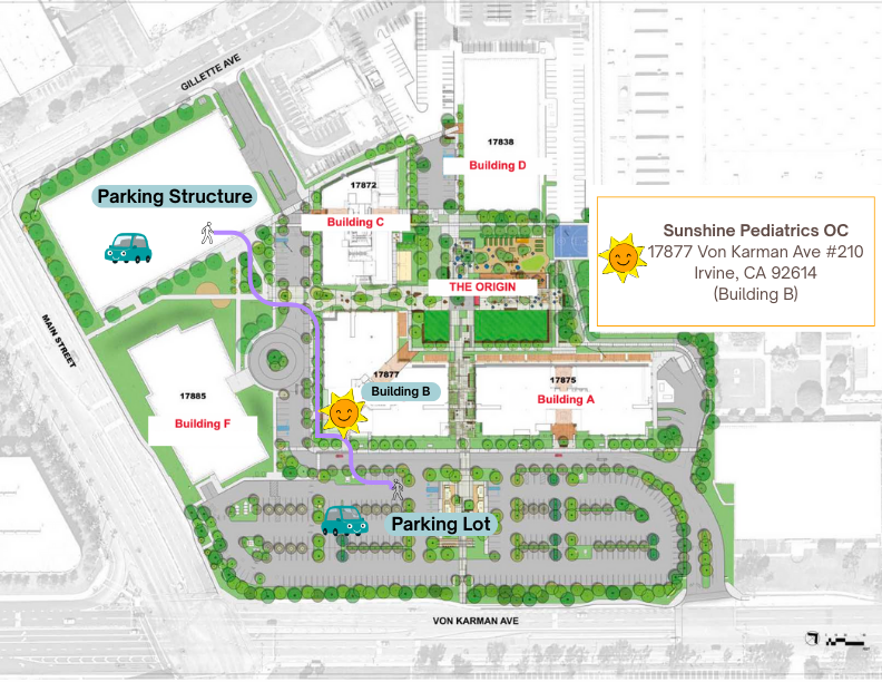 Campus site plan map with labeled buildings, parking areas, roads, and green spaces