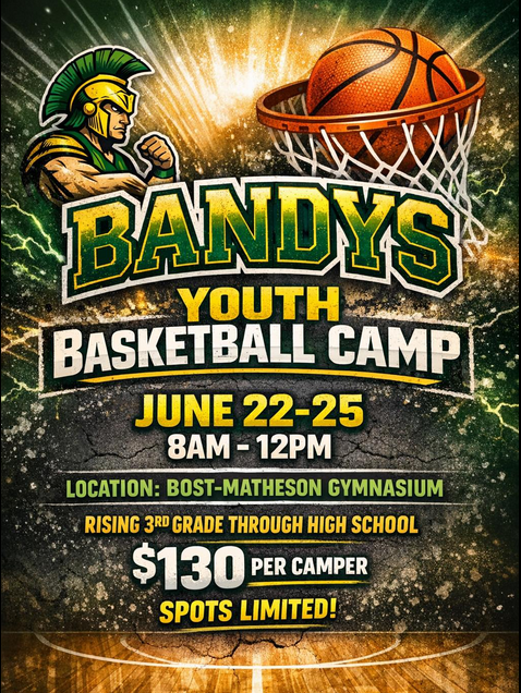 Bandys Youth Basketball Camp poster with basketball and player, June 22-25, 8am-12pm, $130 per camper