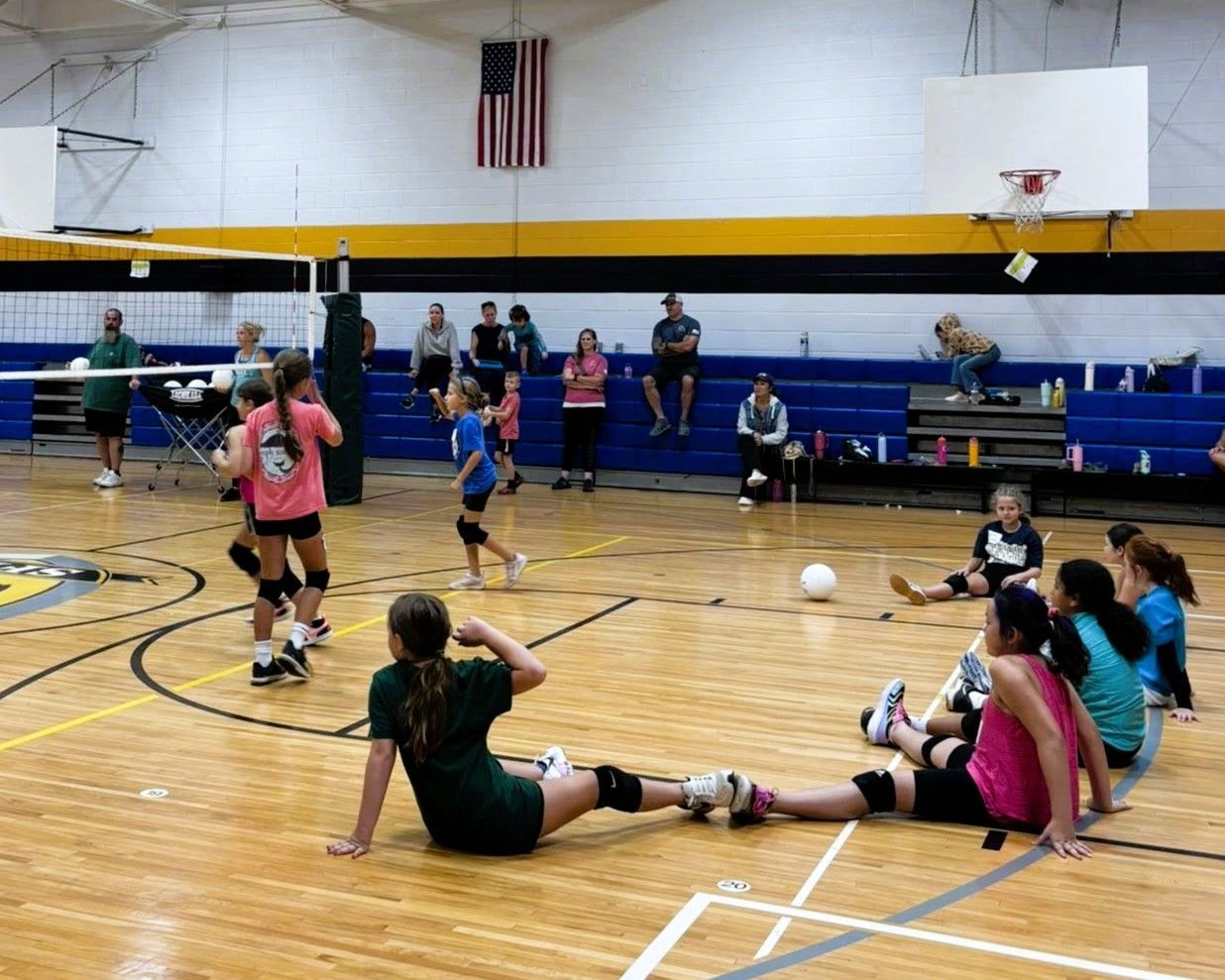 Girls playing volleyball in a gymnasium; action shot with several players on the court and spectators.