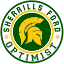 Sherrills Ford Optimist logo: green and gold Trojan helmet inside a circle with