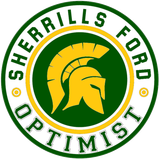 Sherrills Ford Optimist logo: green and gold Trojan helmet inside a circle with