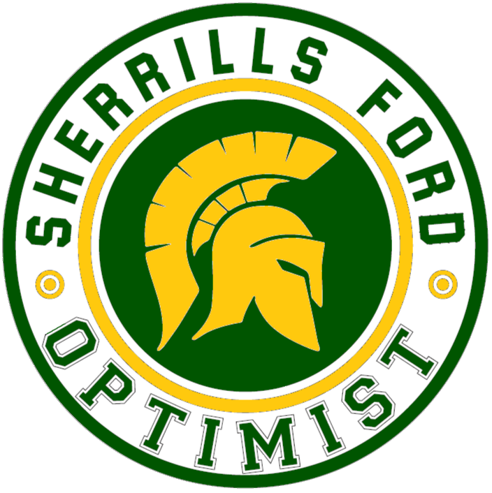 Sherrills Ford Optimist logo: green and gold Trojan helmet inside a circle with