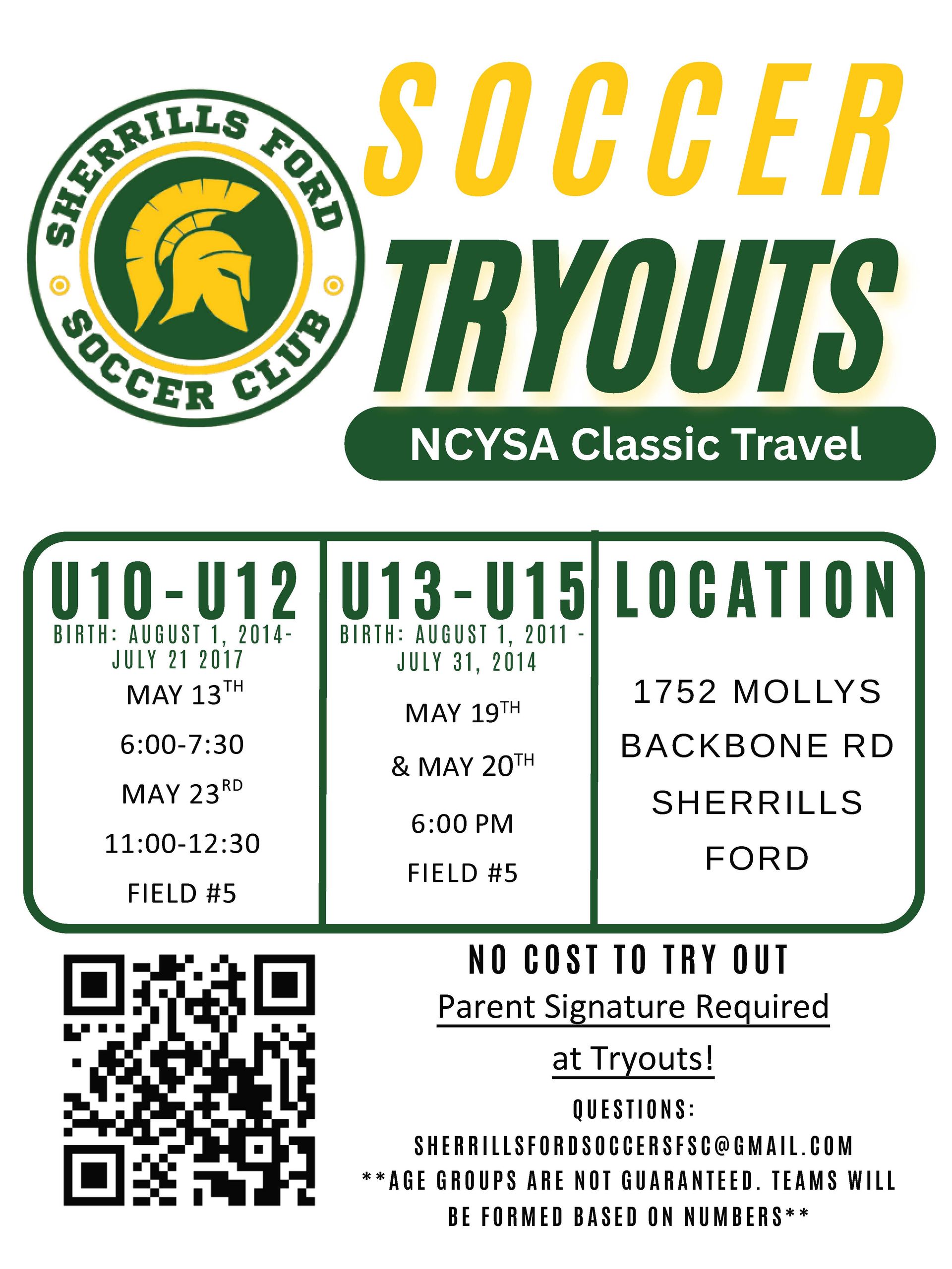 Soccer tryouts flyer for NCSA Classic Travel, green and yellow with U10-U13 location and QR code.