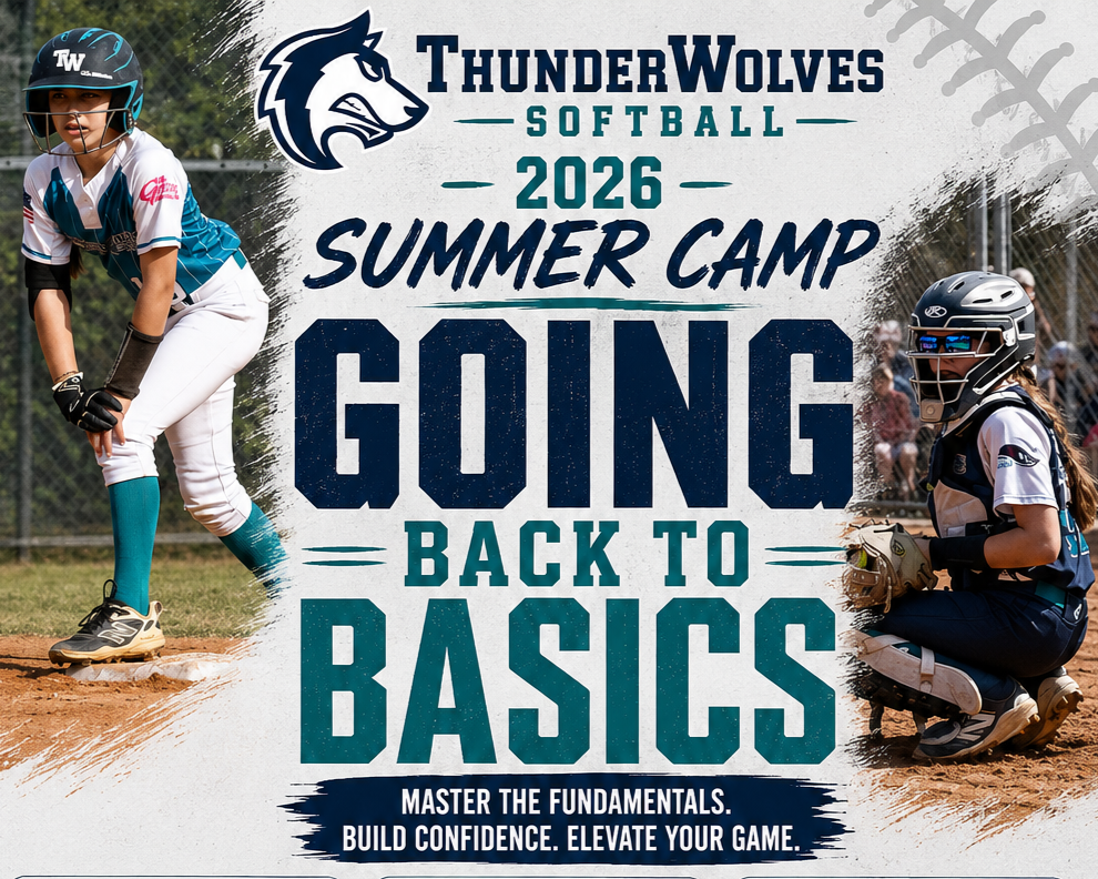 ThunderWolves softball 2026 summer camp poster with players and “Going Back to Basics” text