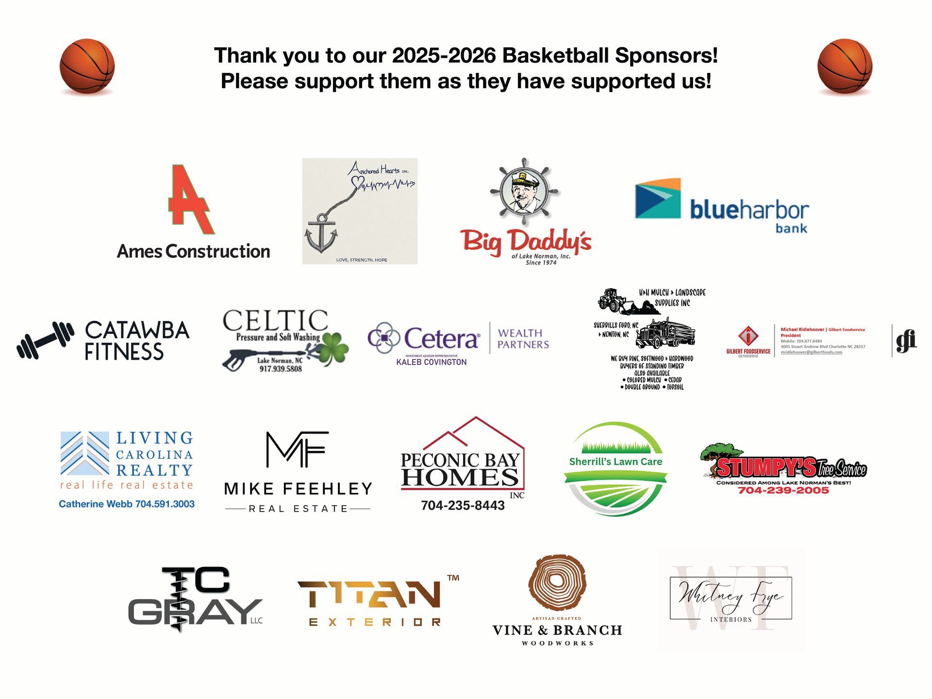 Basketball sponsor thank you graphic with logos of various businesses on a white background.