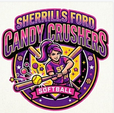 Sherrills Ford Candy Crushers softball logo with purple mascot swinging a bat