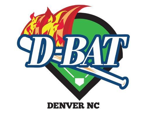 D-BAT Denver NC logo: green baseball diamond with bat, flames, and text "D-BAT" in blue and white.