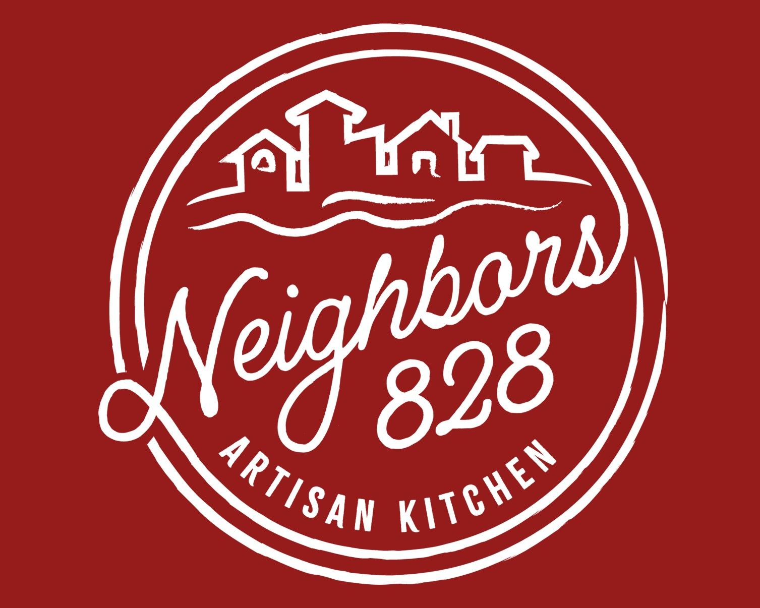 logo: Neighbors 828 Italian restaurant - white script lettering on red background
