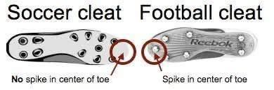 Comparison of soccer and football cleat bottoms: one has no toe spike, the other does.