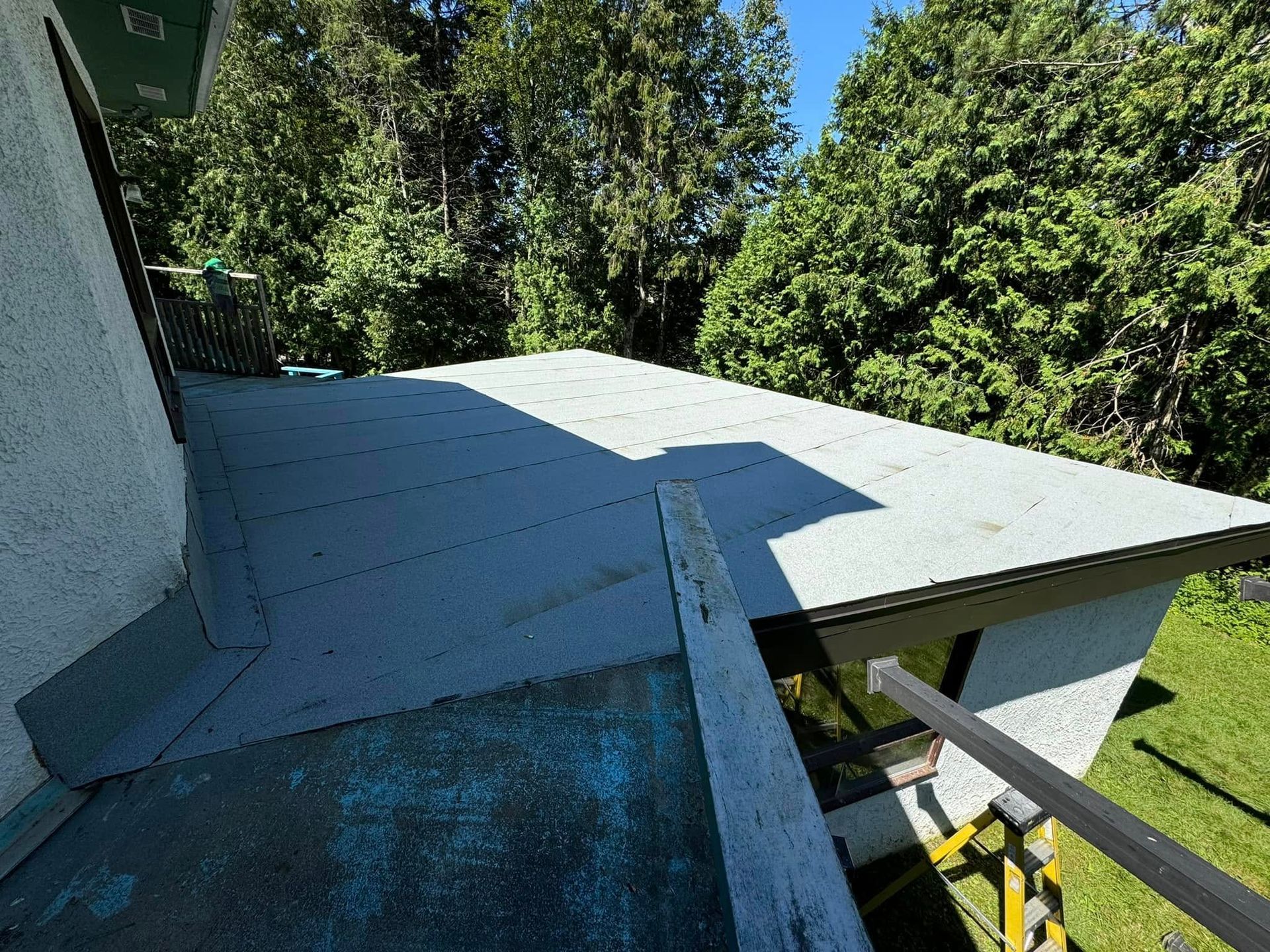 Toit en bardeaux blancs à forte pente jouxtant une maison, encadré d'arbres et de verdure.