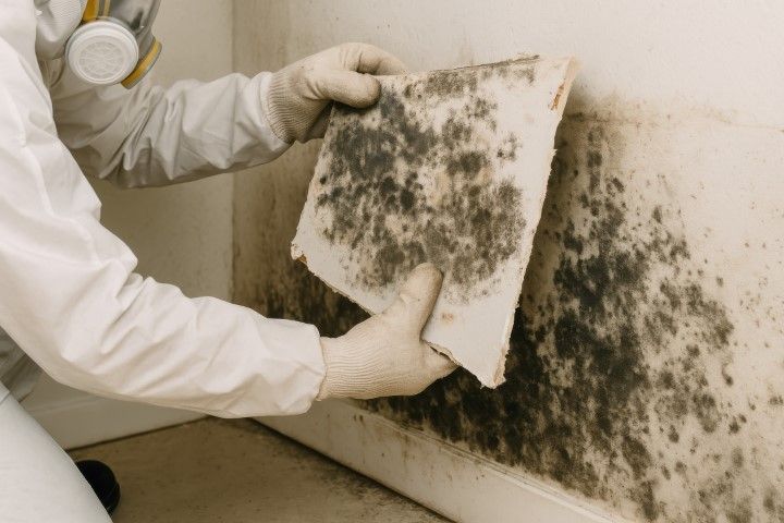 Person in protective suit removing moldy wall panel. Mold covers wall and panel.