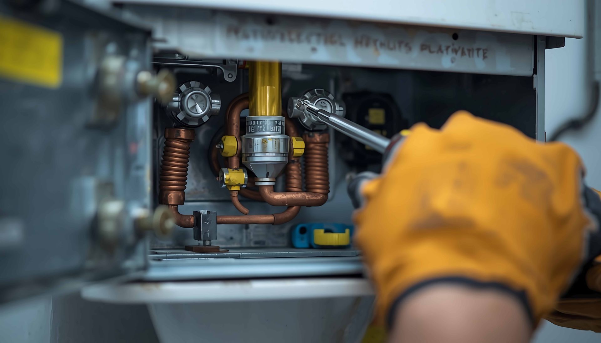 A gloved hand uses a screwdriver to adjust components inside a complex boiler system. A gloved hand uses a screwdriver to adjust components inside a complex boiler system.