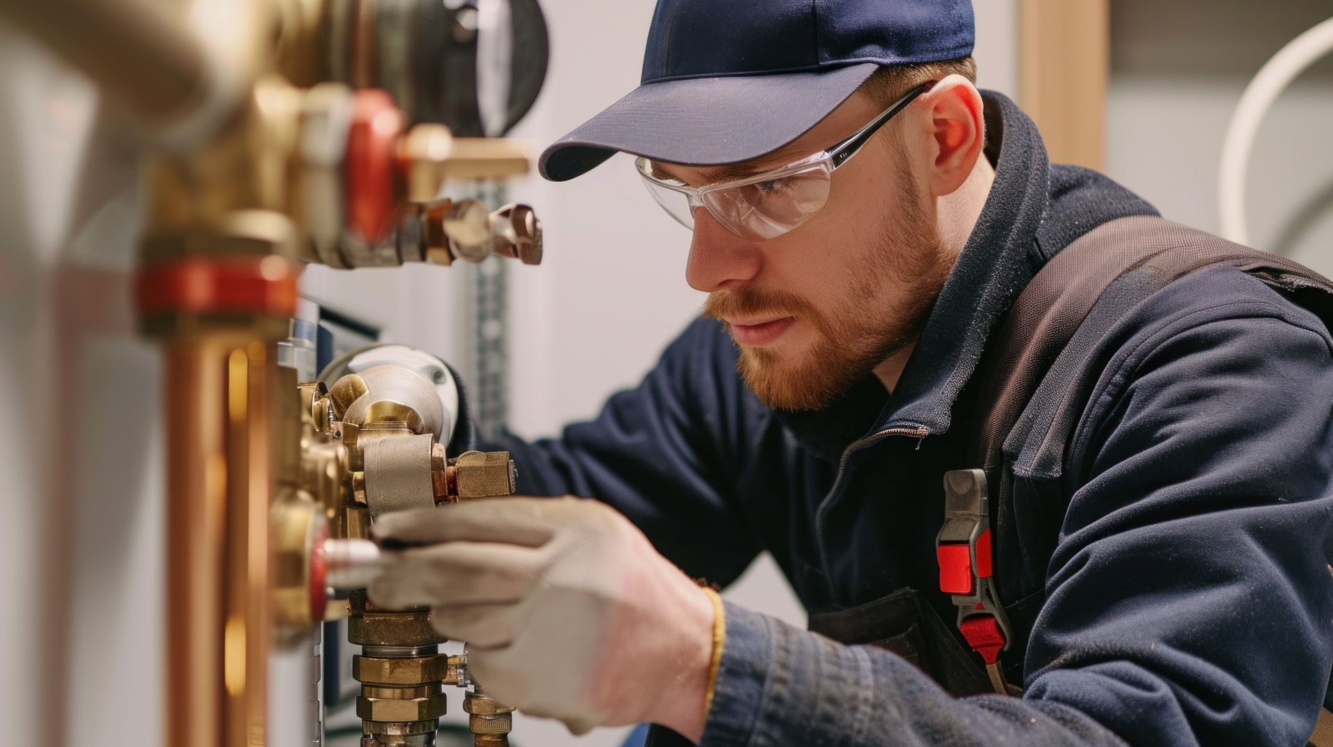 Close view of a worker with protective gear in his hands and eyes working on an industrial boiler. Close view of a worker with protective gear in his hands and eyes working on an industrial boiler.