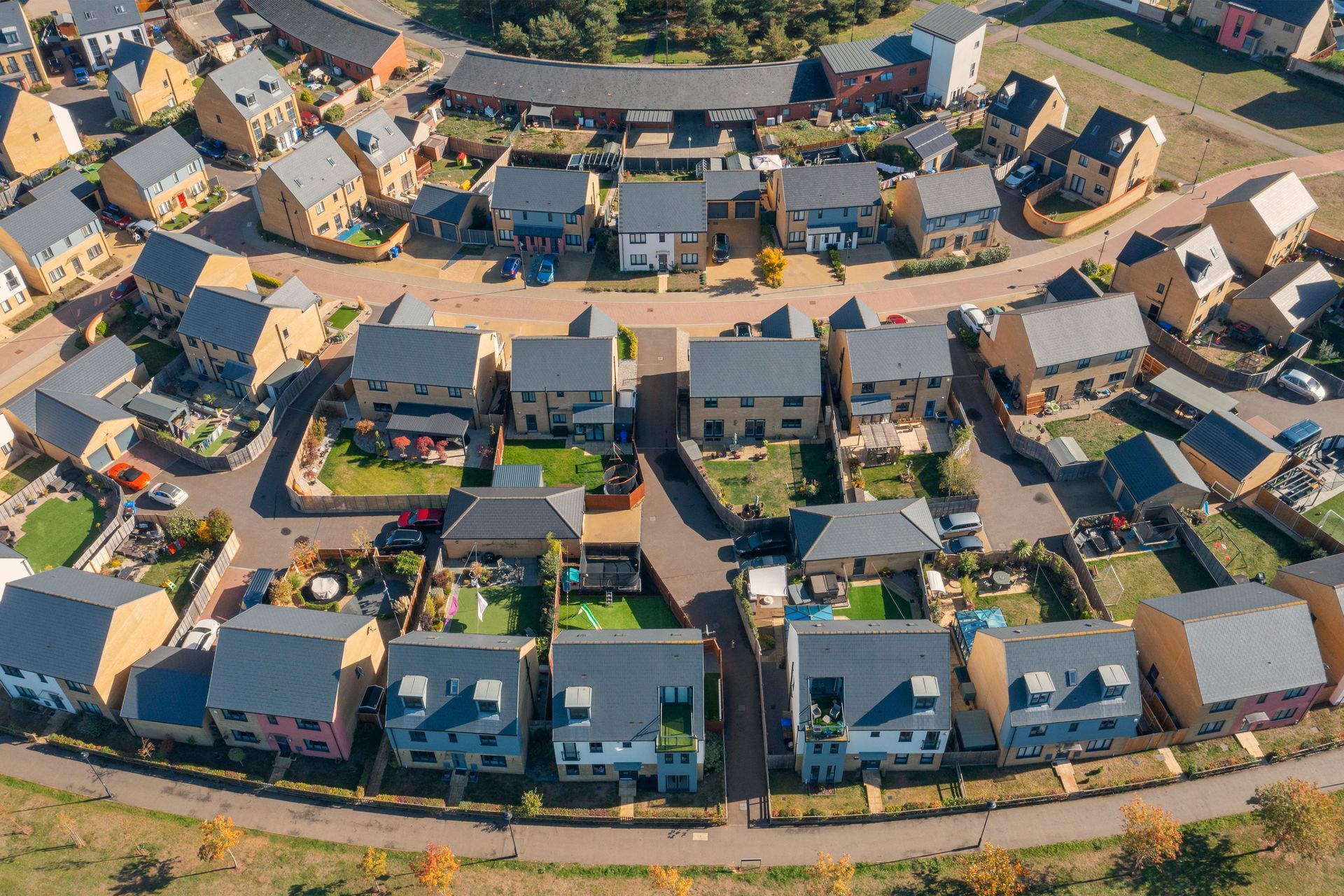 An aerial view of a residential area with lots of houses.
