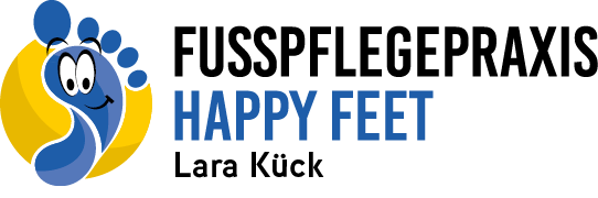 Logo für die Fußpflegepraxis Happy Feet Lara Kück mit blauem Fußabdruck und lächelndem Cartoon-Fuß