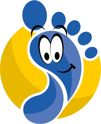 Blaues Cartoon-Fuß-Maskottchen mit Augen, lächelnd auf gelbem Kreishintergrund
