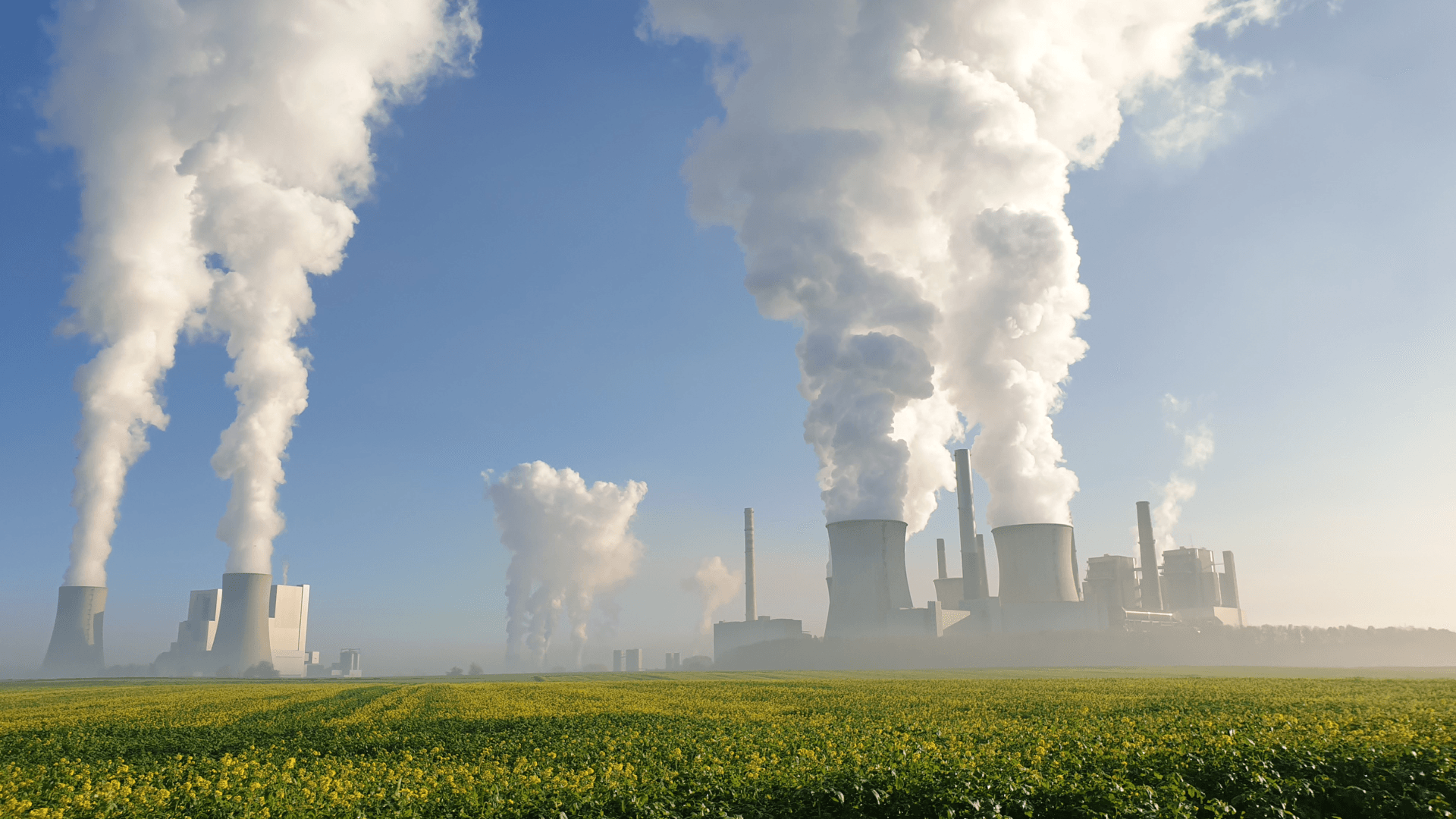 A power plant with smoke coming out of the chimneys in a field.