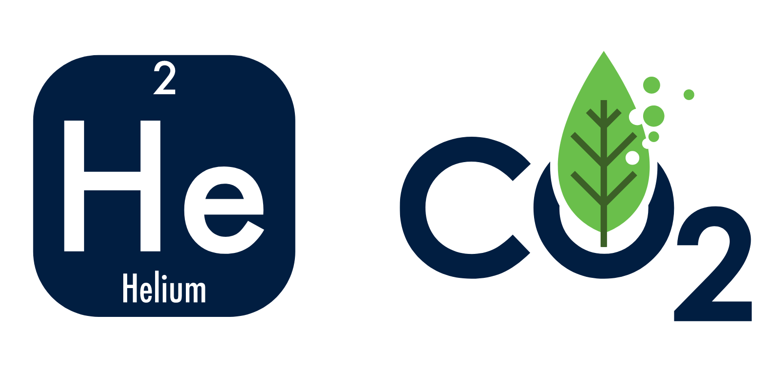 A logo for helium and co2 with a leaf in the middle.