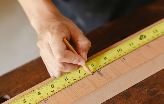 Person using a tape measure and pencil to mark wood for measurement.
