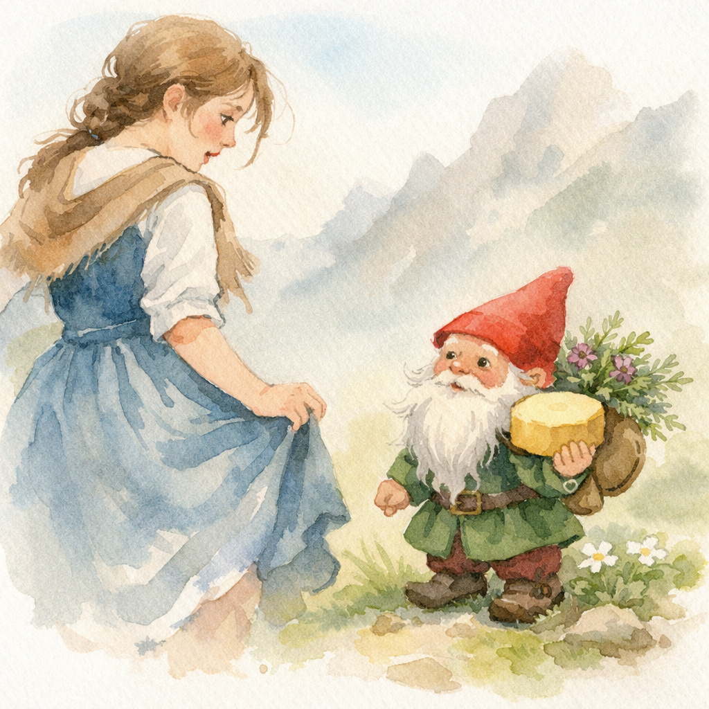 The earth man gives Magdalena a cheese and some healing herbs.