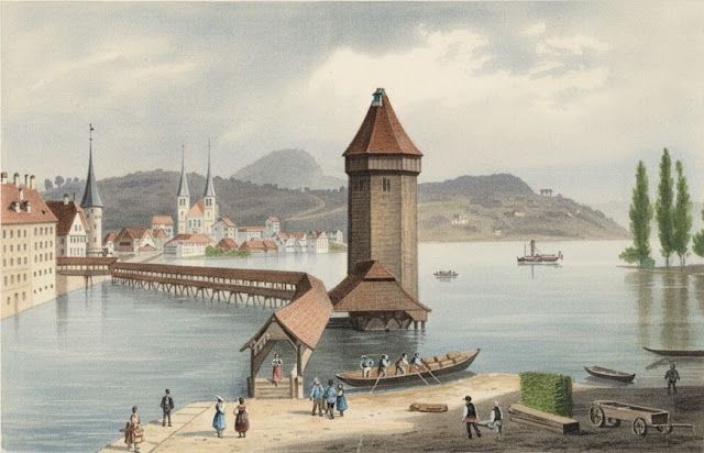 Chapel Bridge, Water Tower around 1833, lithograph by Charles-Rodolphe Weibel-Comtesse, colored
