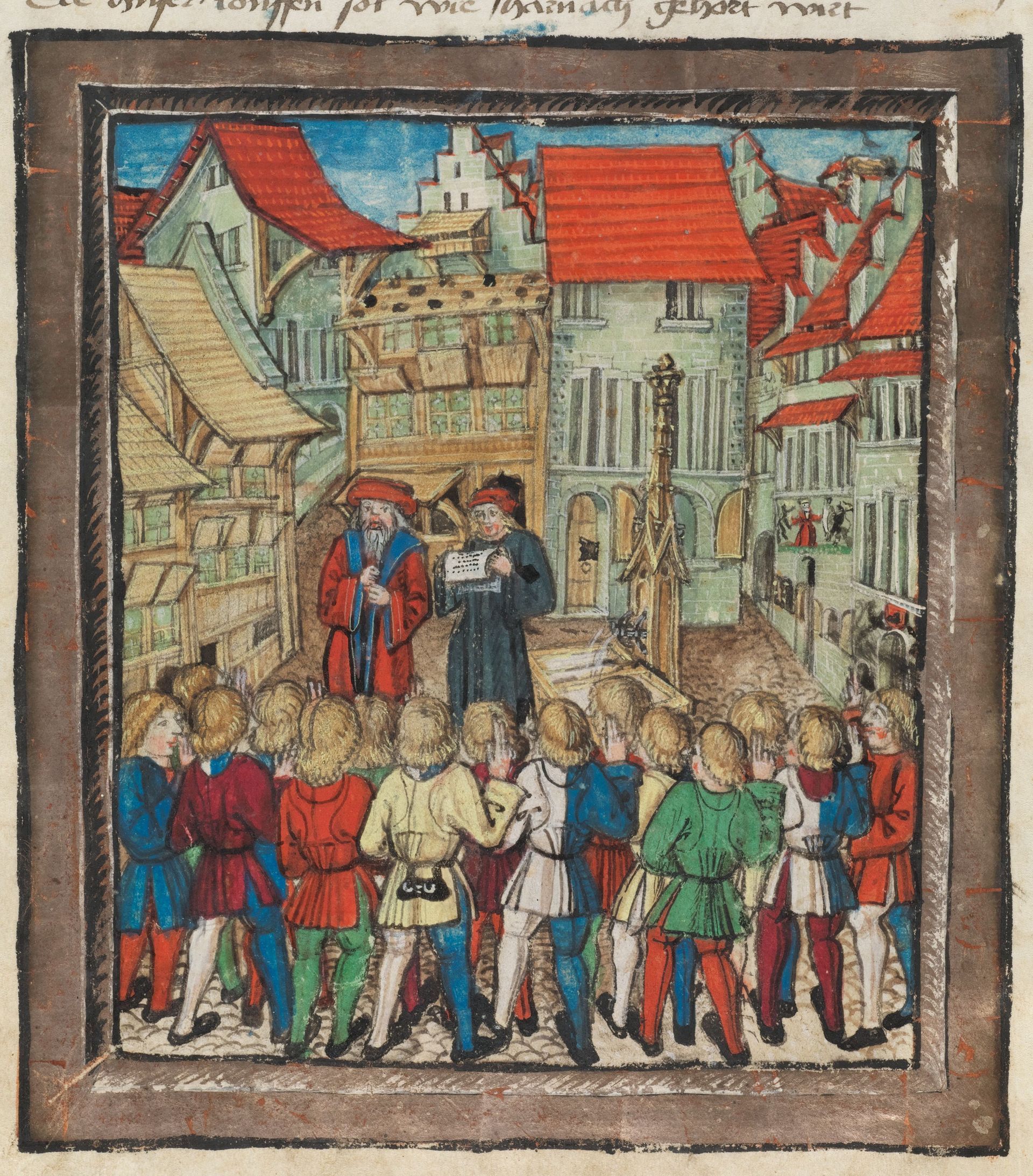 Diebold Schilling Chronicle, Folio 6, Page 22: Confederate Oath of the Founding Cantons and Lucerne on Weinmarkt, 1332.
