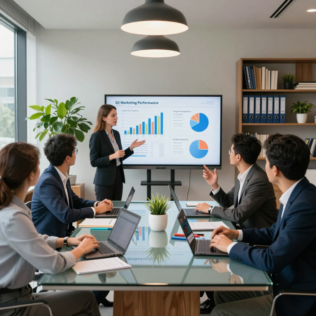 Business meeting in a conference room with a presenter showing charts on a screen to seated colleagues.