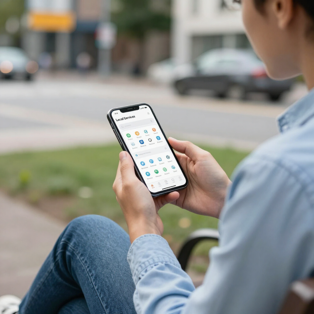 Person using a smartphone while sitting outdoors on a bench