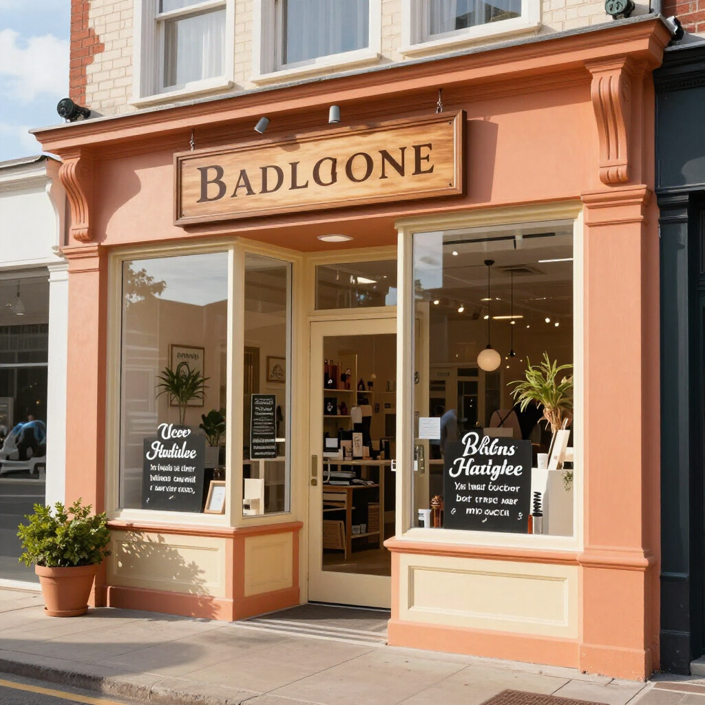Peach storefront with the sign “BADLONE” and floral window displays on a sunny street.