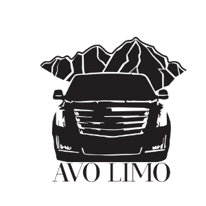 Black limo logo with mountain silhouette and the text “AVO LIMO”
