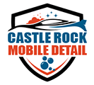 Castle Rock Mobile Detail logo with shield emblem in blue, red, black, and white