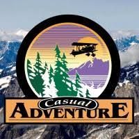 Casual Adventure logo with sunrise mountains, pine trees, and a helicopter silhouette