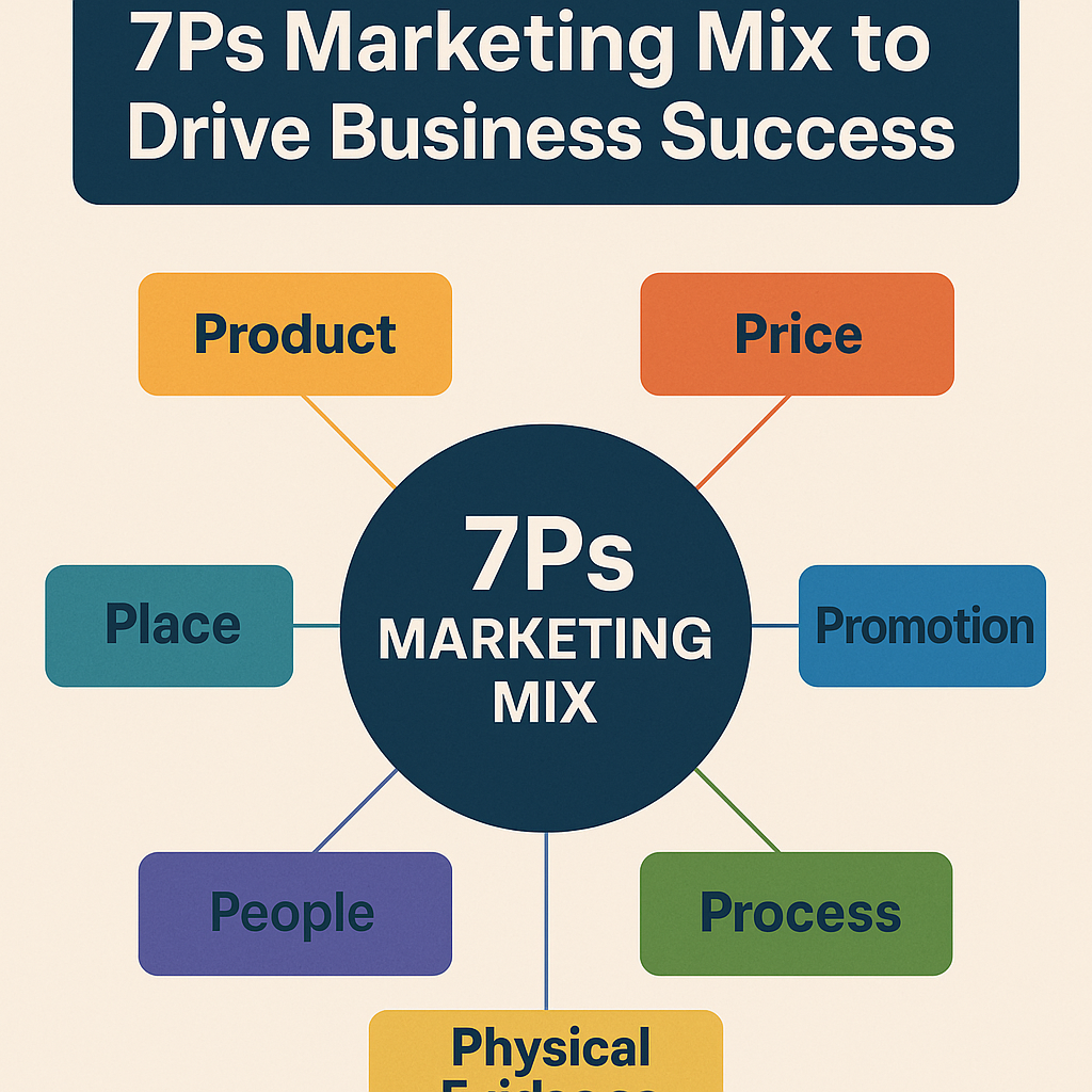 Diagram of the 7 Ps of marketing mix: product, price, place, promotion, people, process, and physical evidence.