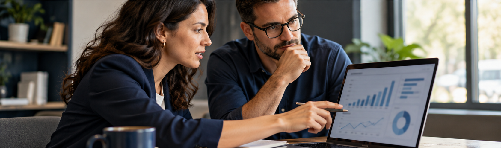 Two coworkers reviewing charts on a laptop in a modern office