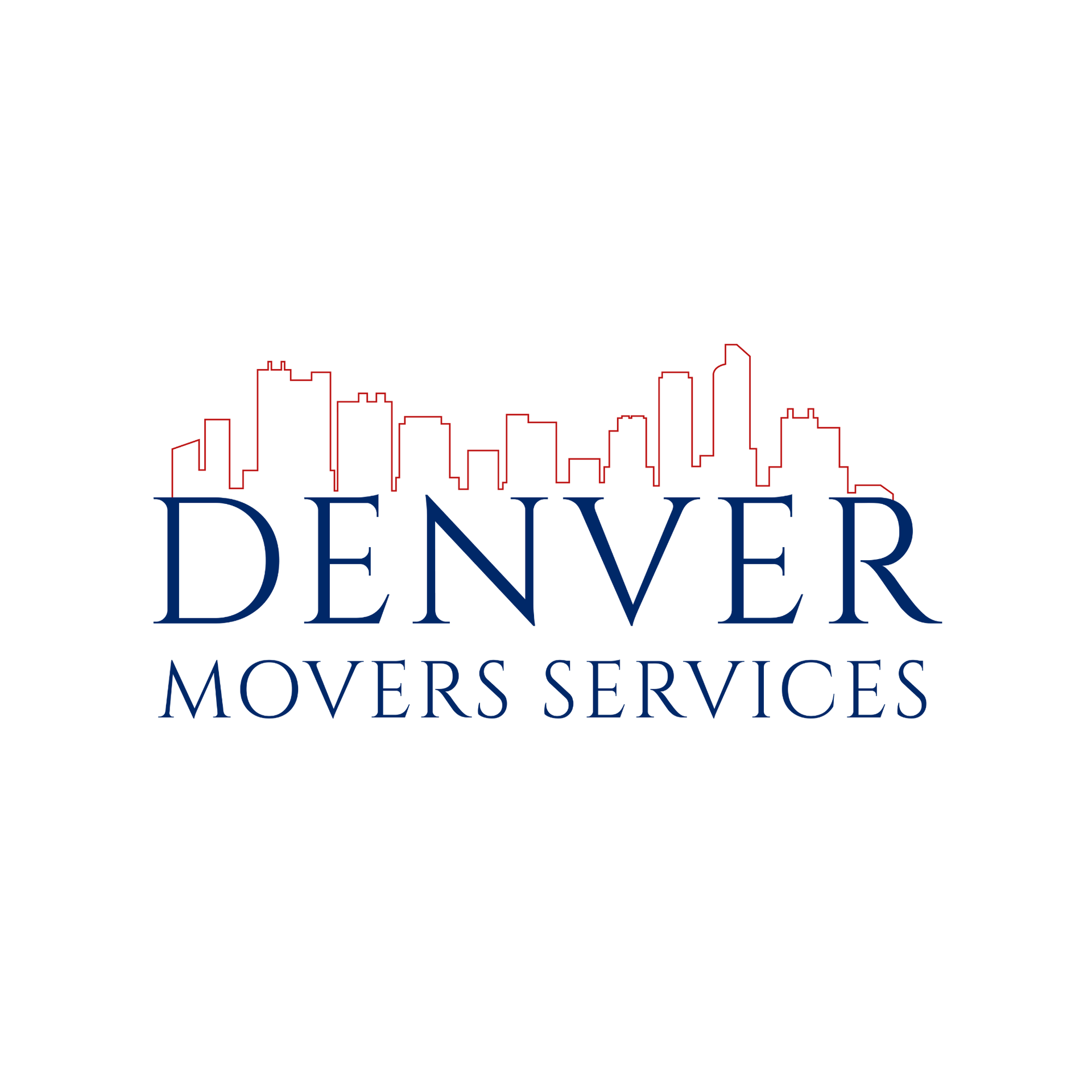 Denver Movers Services logo with blue text and a red city skyline outline above it