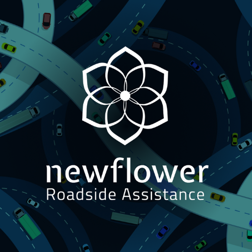Newflower Roadside Assistance logo on a dark aerial road map background