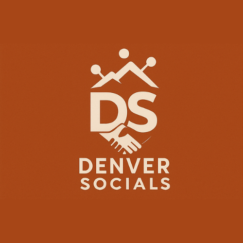Denver Socials logo in white on orange, with a handshake and mountain icon above the text.