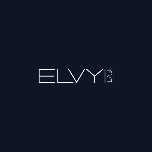 ELVY LAB logo in white on a dark navy background