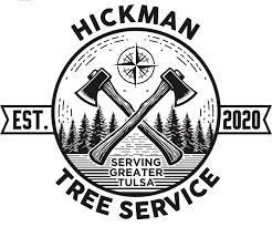 Hickman Tree Service logo with crossed axes, pine trees, compass, and “Serving Greater Tulsa” text.