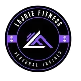 Lajole Fitness personal trainer logo in black, purple, and white with a stylized triangular icon.