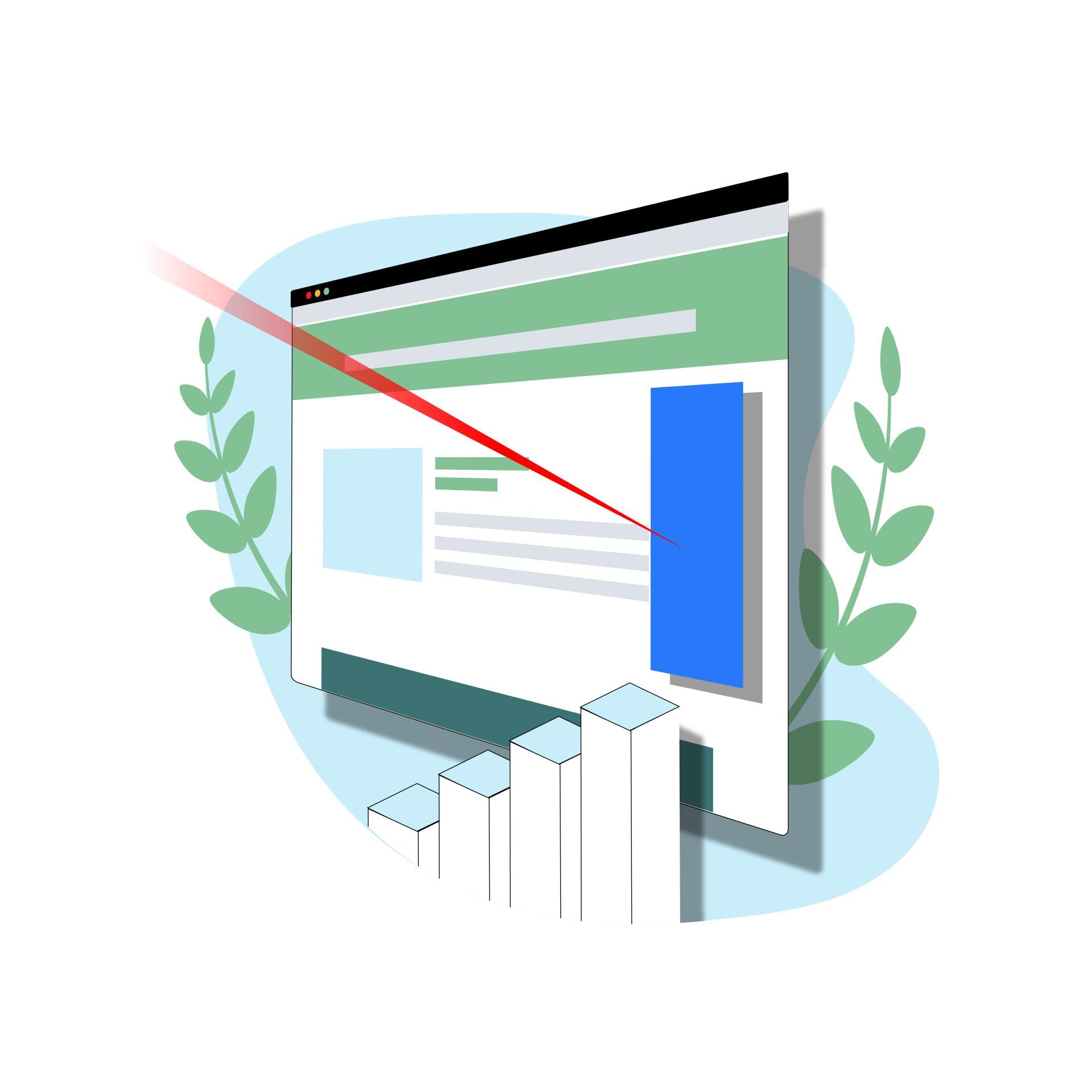 Illustration of a website page with a red diagonal line, green bars, and leaf accents