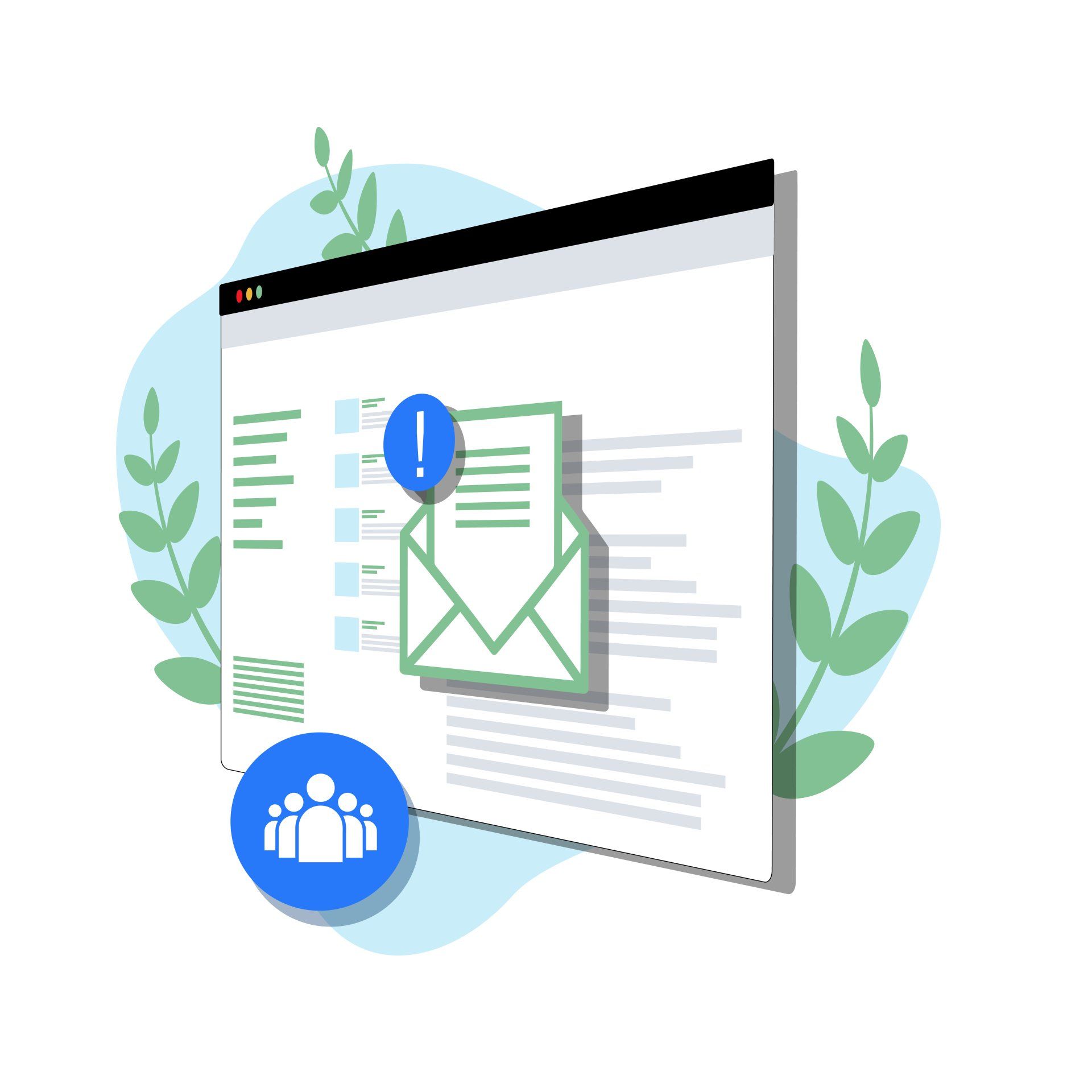 Webmail inbox with envelope alert icon and blue user group symbol