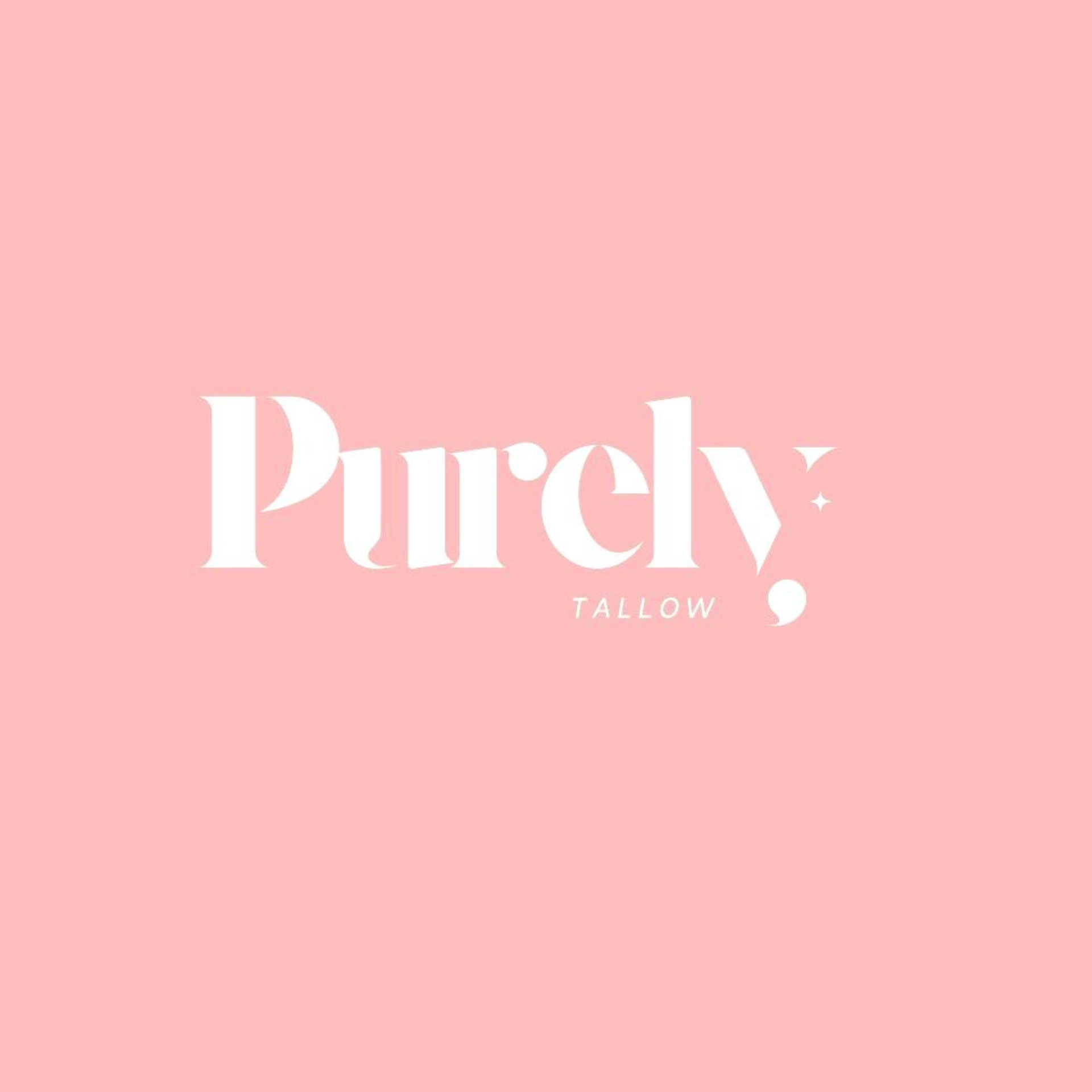 Pink background with white “Purely” and smaller “tallow” logo text