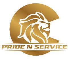 Gold lion head logo with the words “PRIDE N SERVIE” beneath it
